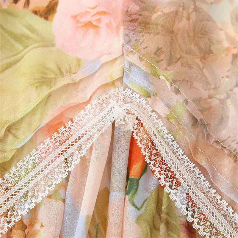 Keyanketian outono novo estilo de férias feminino manga comprida decoração de renda em camadas com decote em v vestido de impressão floral saia longa