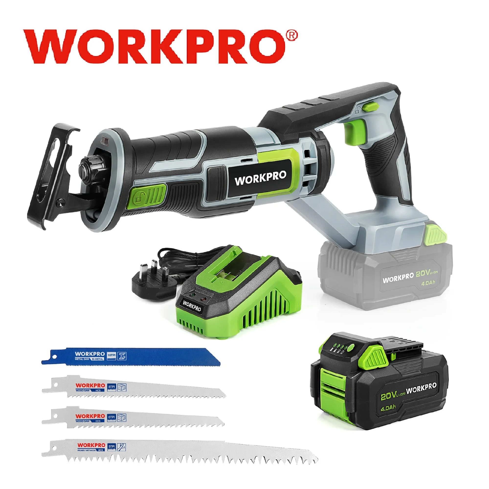 WORKPRO-Cordless Electric Reciprocating Saw, Cutting Saw, Portable Power Tools for Wood and Metal with 4 Saw Blades, 20V