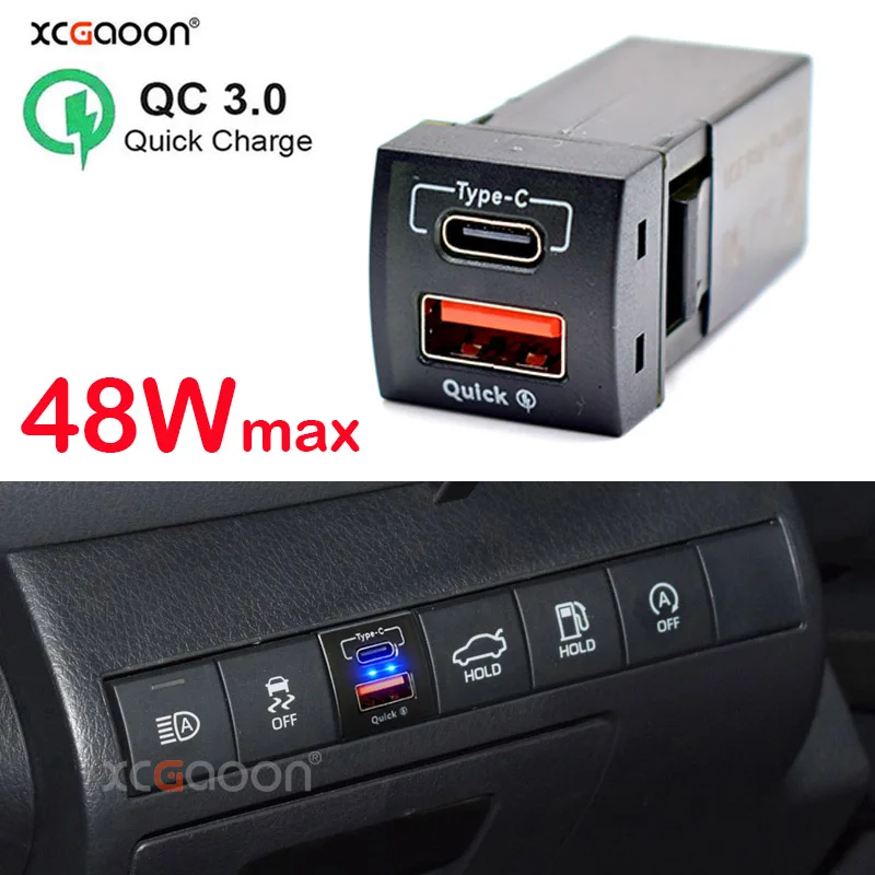 

for Toyota Camry Corolla Rav4 Prado Type-C & USB QC3.0 Port 48W (Max) Mobile Phone Quick Car Charger