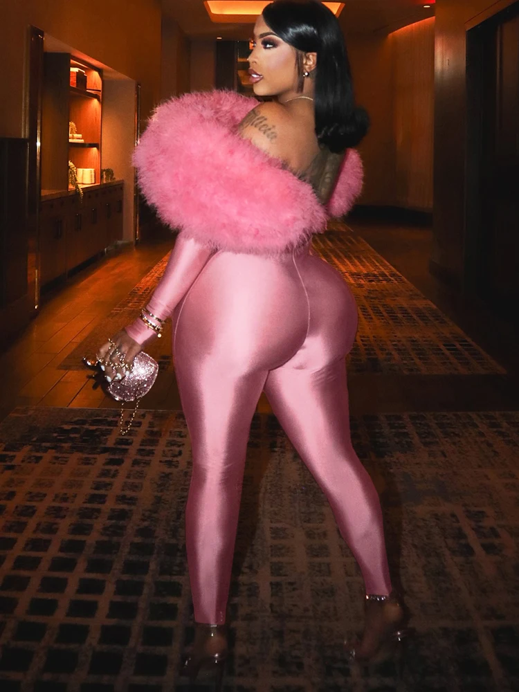 Cutnew Trend Furry Patchwork Jumpsuits Woman Luxury Slash Neck Hipster Trend Sexy Hollow Stretch Fitness Club Activity Overalls