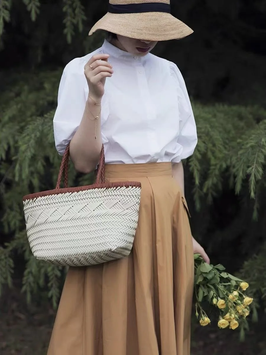 

2025 New Handwoven Bag Women Summer Tote Leather Handle Boho Purse Beach Bag Fashion Crossbody Shoulder Bag Gift for Her