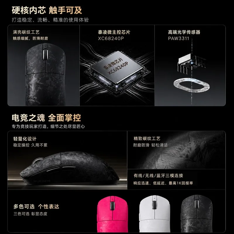 Heijishe S3 Wireless Mouse Tri Mode Carbon Pattern Process Shell Lightweight Ergonomic Gaming Mouse Computer Accessory