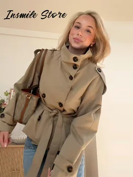 Fashion Belt Short Trench Coat Women Stand Collar Double Breasted Long Sleeve Jacket 2026 Spring Autumn Lady Street Outwear New 2 Fashion Belt Short Trench Coat Women Stand Collar Double Breasted Long Sleeve Jacket 2026 Spring Autumn Lady Street Outwear New 2