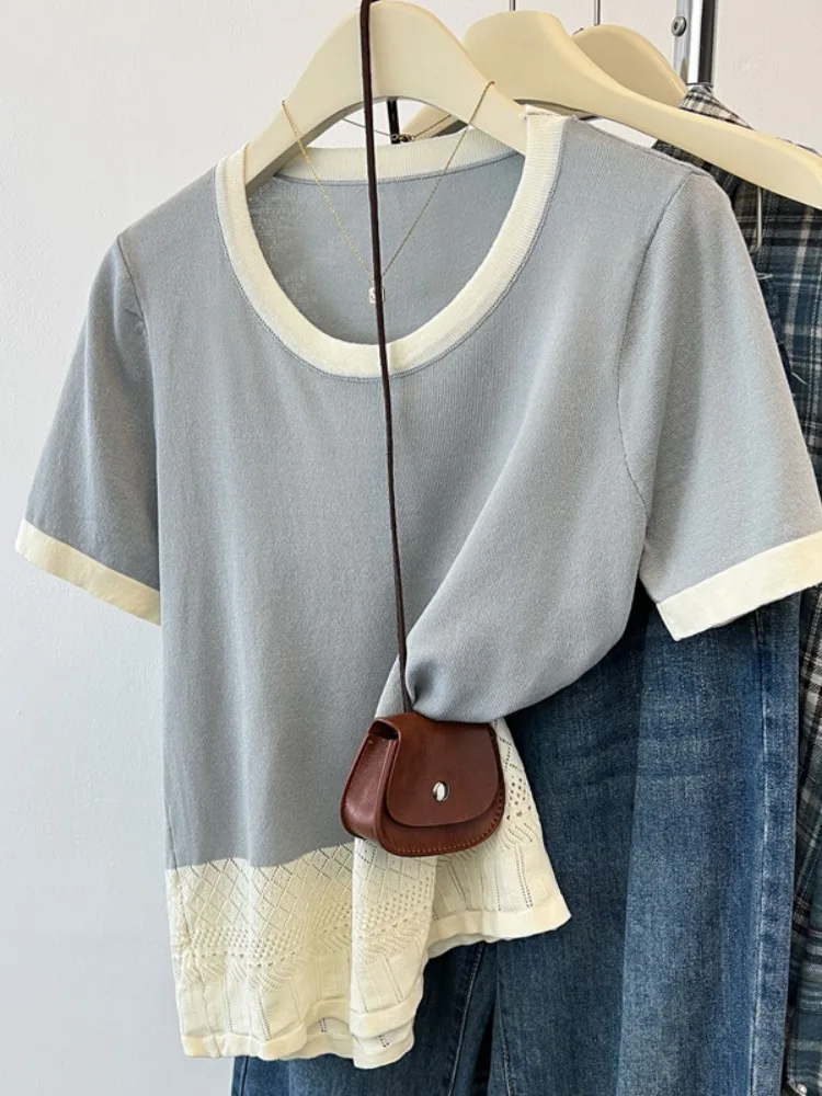 

Ele Lace Trim Splice Hollow ort Sve T-irt Women Summer Thin Ice Silk round Ne Color Blo Top Korean Sle Loose...