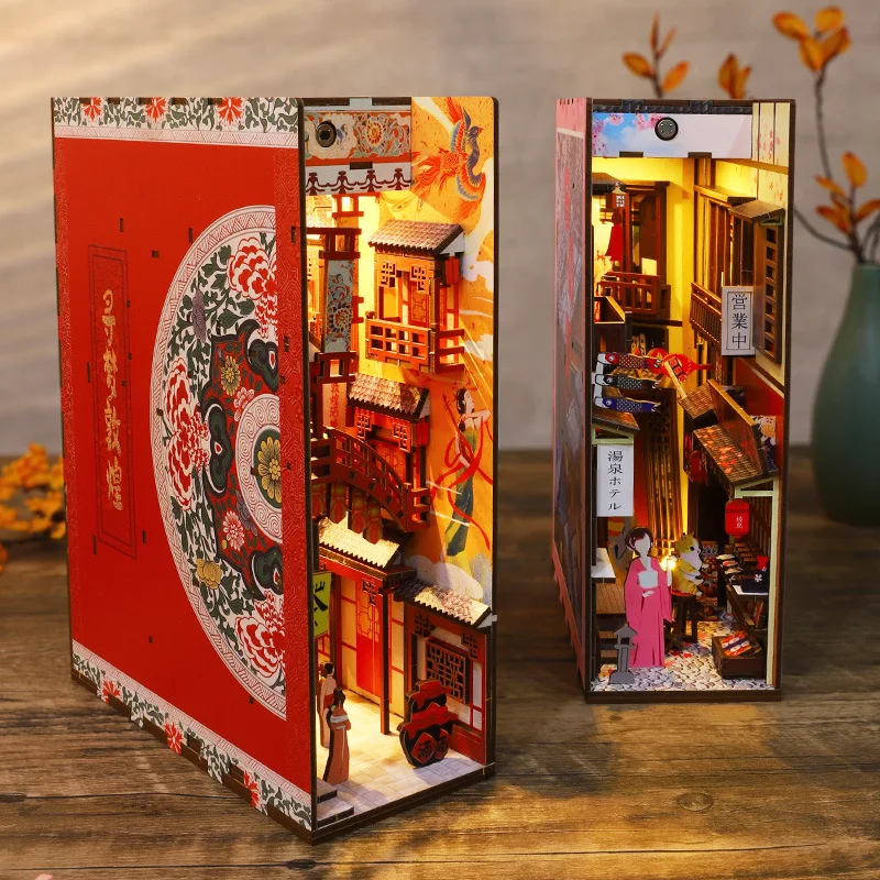 DIY Alley Book Nook City Building Model Cherry Blossom Town Bookcase Wooden Bookend Bookshelf Kit Toy Children Christmas Gift