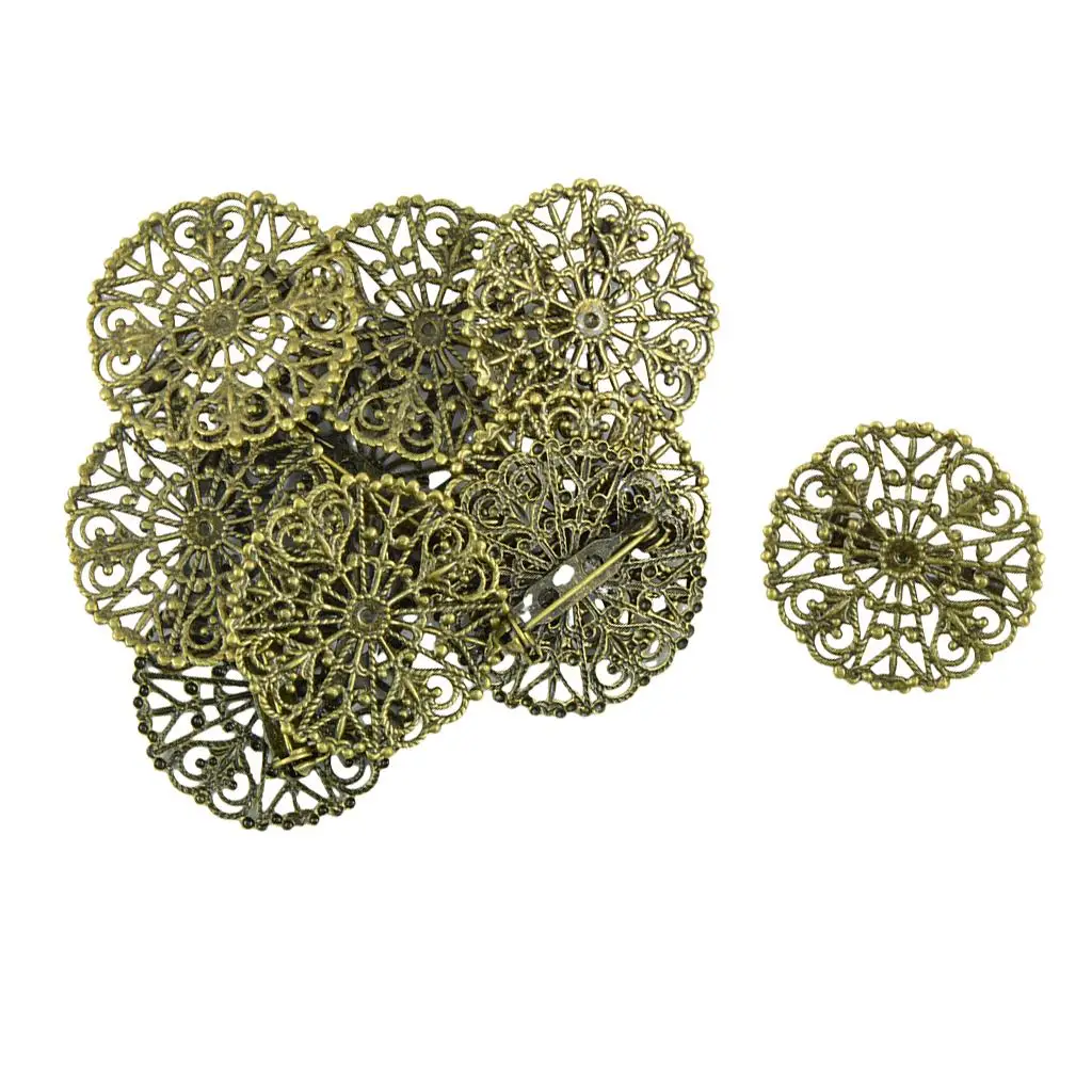 10 Pieces Filigree Empty Brooch Base Round Pins Back Brooches