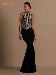 Modphy Sexy Diamond Hollow Out Backless Maxi Bandage Dress Women Black Sleeveless Crystal Mermaid Dresses Party Evening Gowns