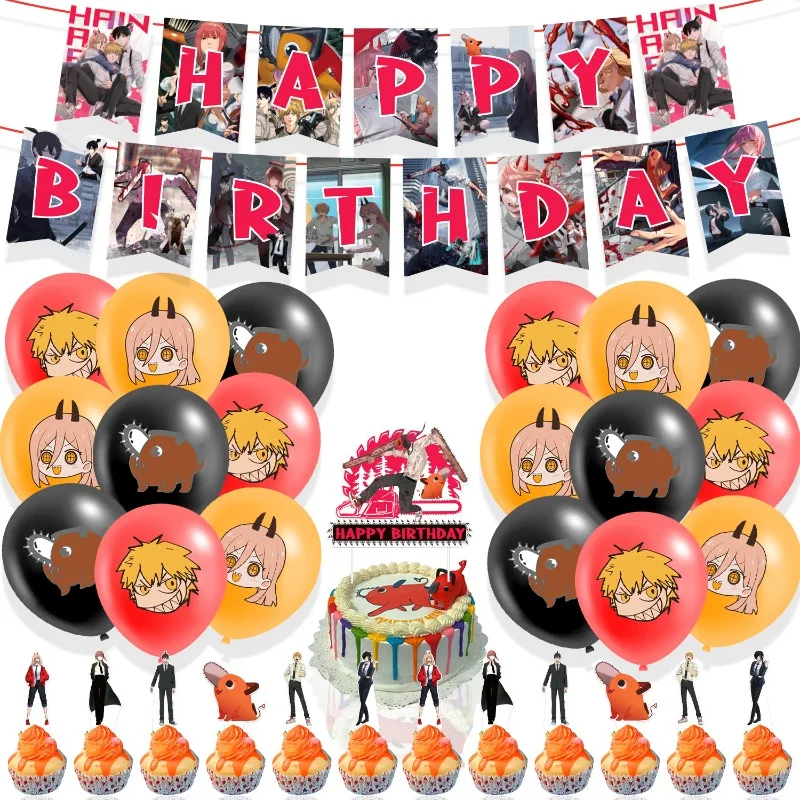Chainsaw Man Anime Geburtstagsparty-Set, Ballon, Flagge, Kuchendekoration, dekorative Ornamente, Kindergeschenke