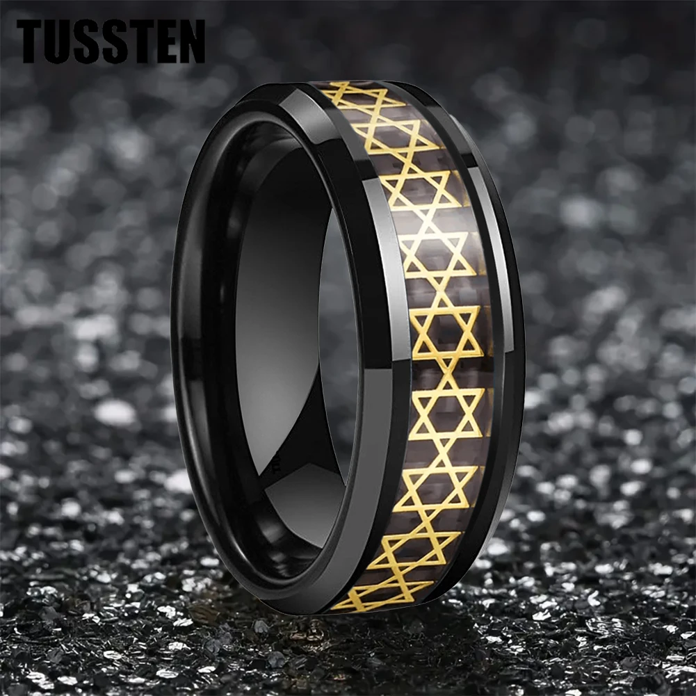 Dropshipping TUSSTEN 8mm Men\'s Ring Inlaid Golden Hexagram Star Men\'s Tungsten Ring Comfortable Fit