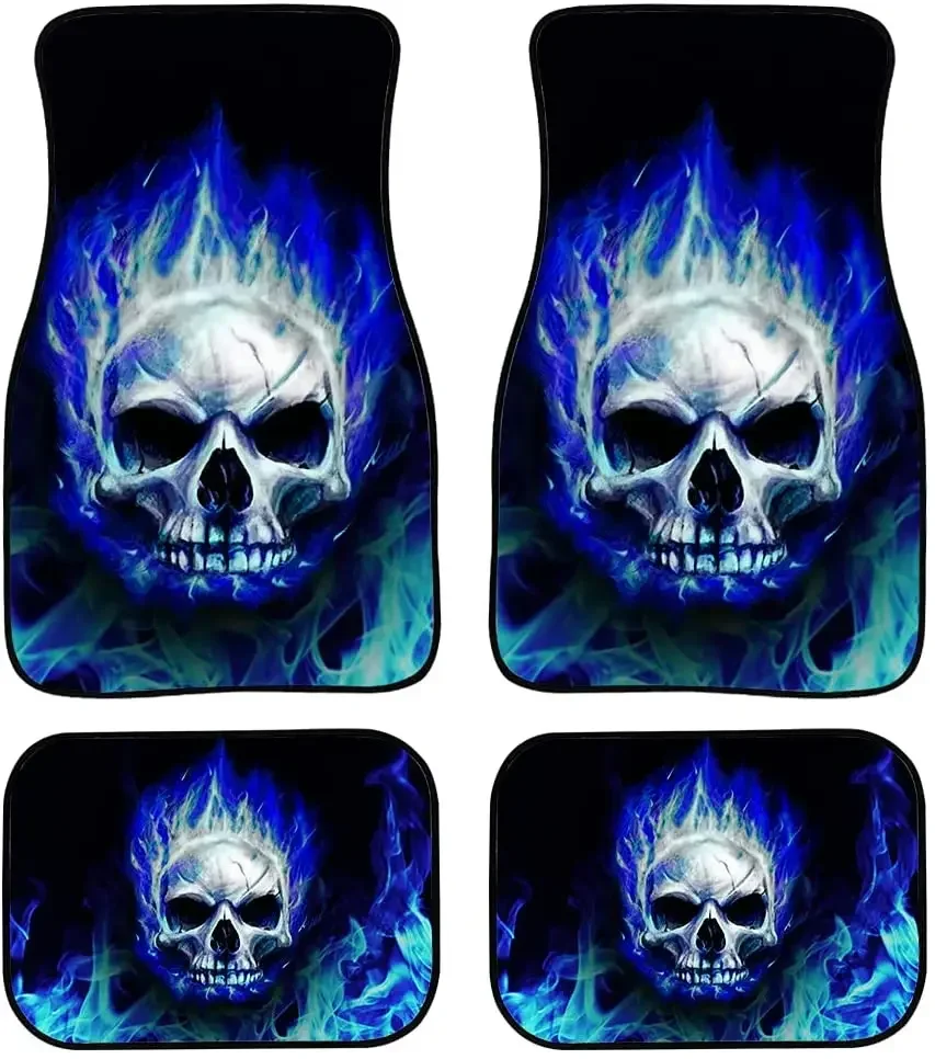 Blue Fire Skull Car Floor Mats Set of 4 for Front Rear Seats, Heavy Duty Rubber Backing Universal Fit,SUV Interior Acces