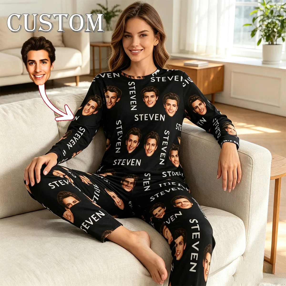 Custom Women's Long Sleeve Sleepwear Set Personalized Fun Home Wear with Headshots for Sleepover Parties And Anniversaries