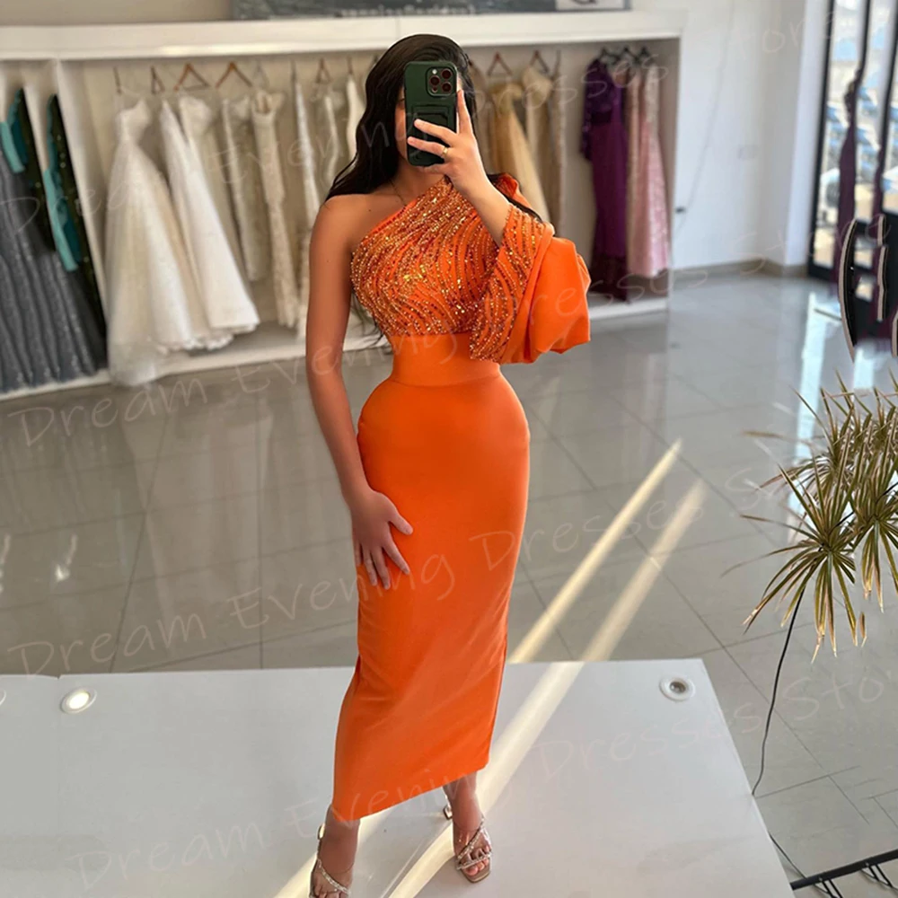 Fashionable Orange Mermaid Shiny Pretty Women's Evening Dresses Charming Graceful One Shoulder Prom Gowns Sequined Abiye Elbise