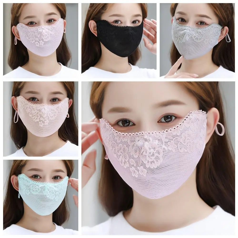 

Solid Color Sunscreen Lace Mask Hanging Ear Flower Sunscreen Face Cover Adjustable Strap UV Protection UV Protection Mask Sports