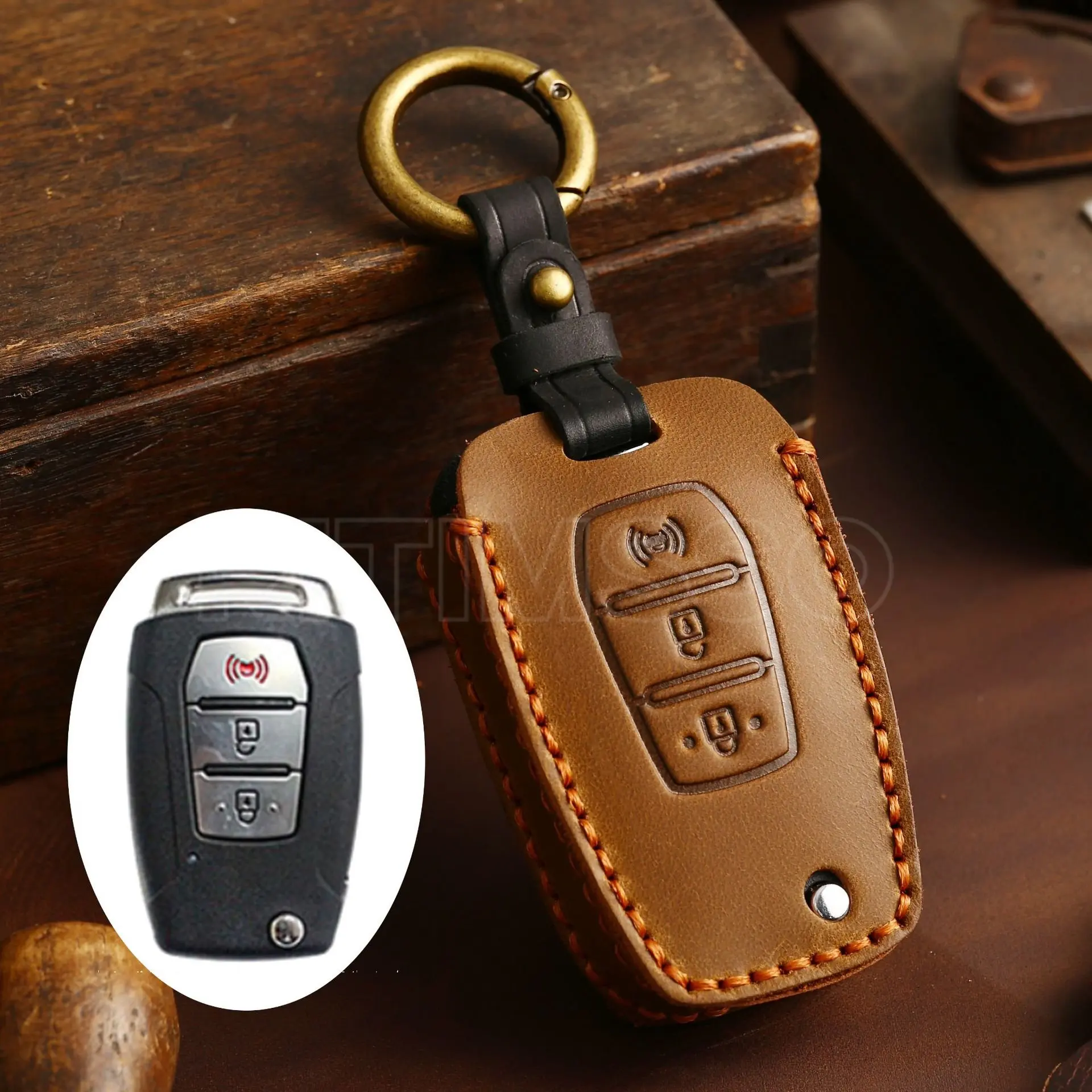 Handmade Leather Smart Car Key Case Cover protector Holder For Ssangyong 2015 2016 Tivoli Rexton Korando C 3 Button FOB Key