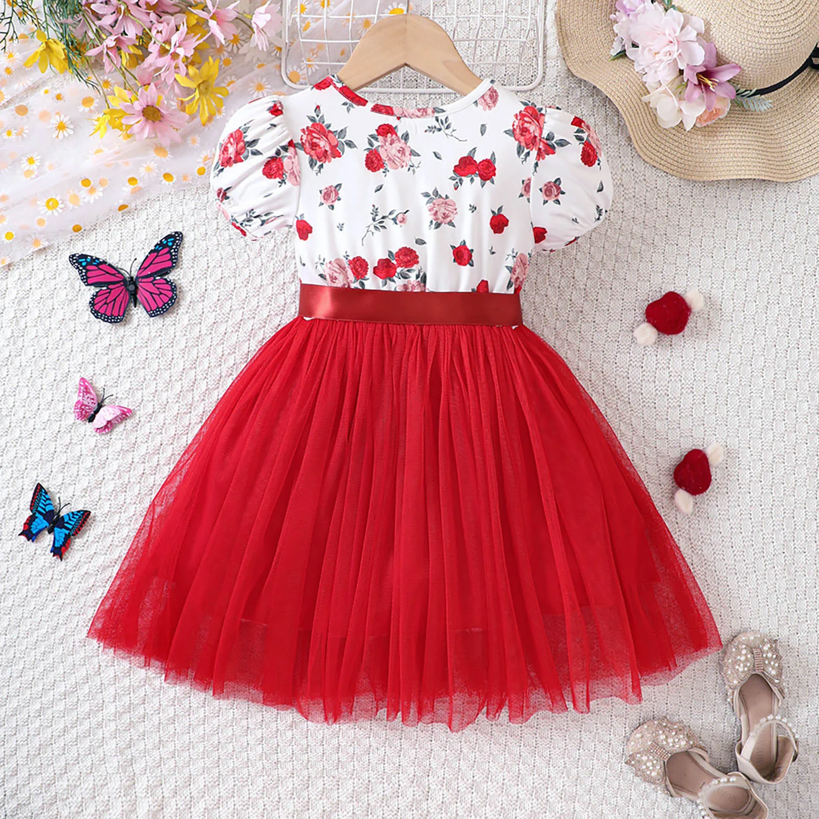 1-5 Years Toddler Girls Short Sleeve Tulle Patchwork Dress Vintage Floral Butterfly Print Summer Clothes Princess Girls Dresses