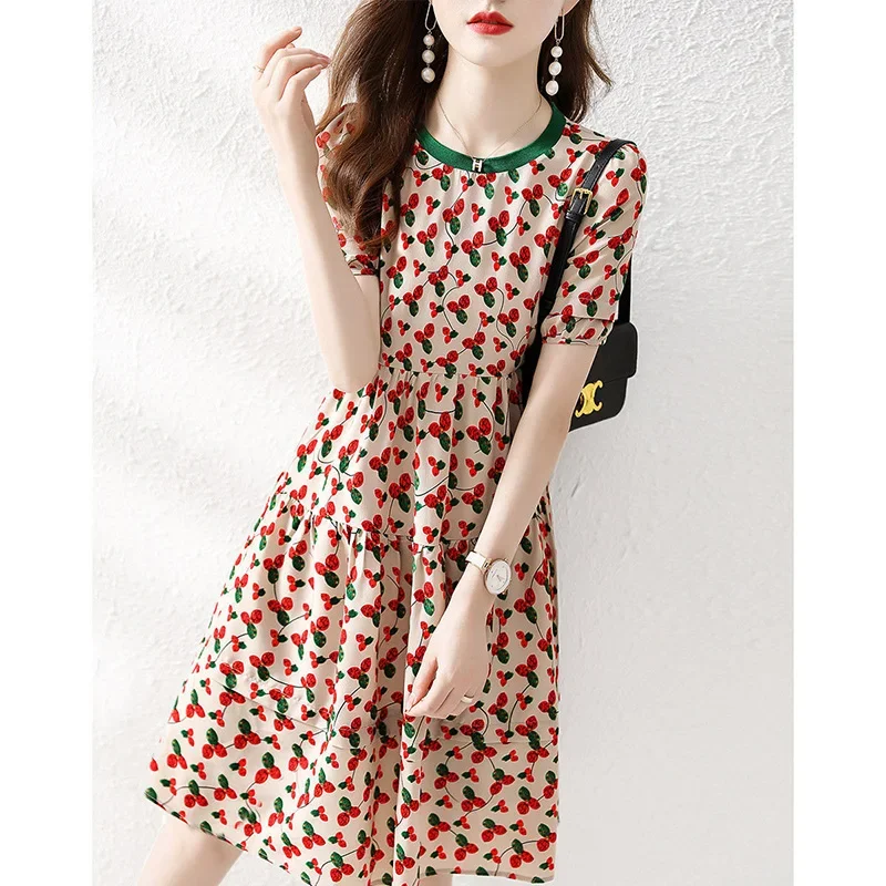 

Fashion O-Neck Spliced Loose Printed Folds Korean Mini Dress Women's Clothing Summer New Short Sleeve Commute Floral Dress A128