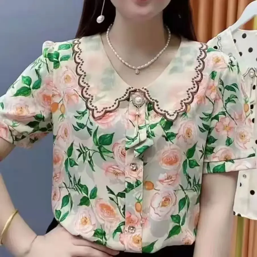 

M-5XL Mom's Chiffon Shirt Summer New Fashion Age Reducing Doll Collar Blouse Women Short Sleeve Print Bottoming Top