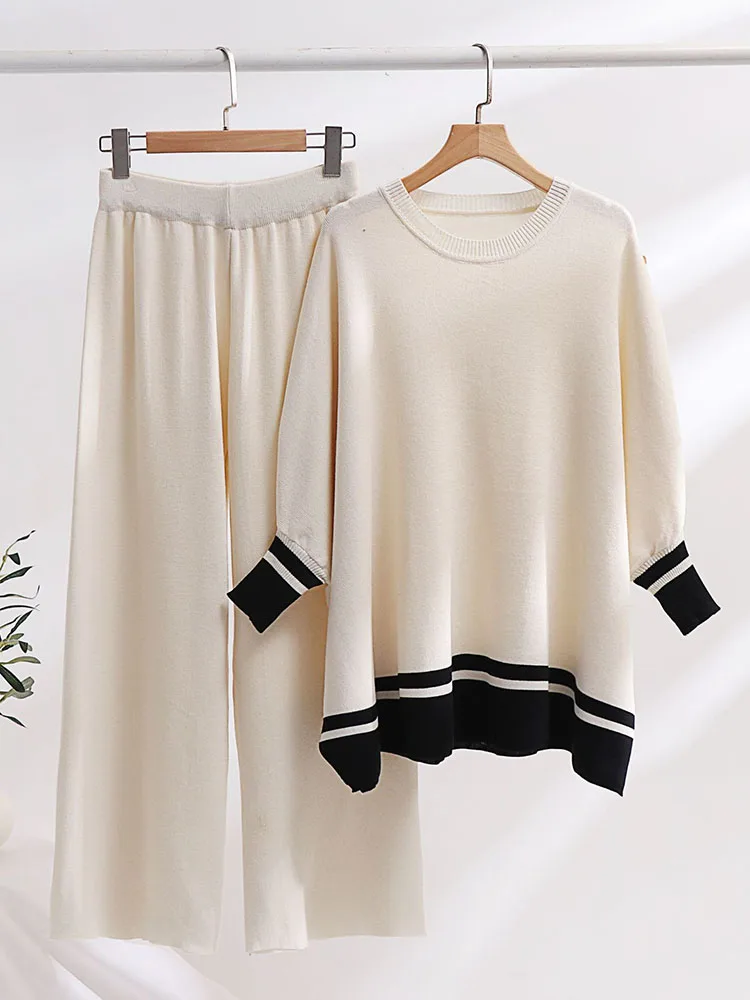 Korean Design Knitted 2 Piece Sets Women O-neck Knitwears Long Sleeve Pullover Tops Suits Casual High Waist Sweatpants Outfit