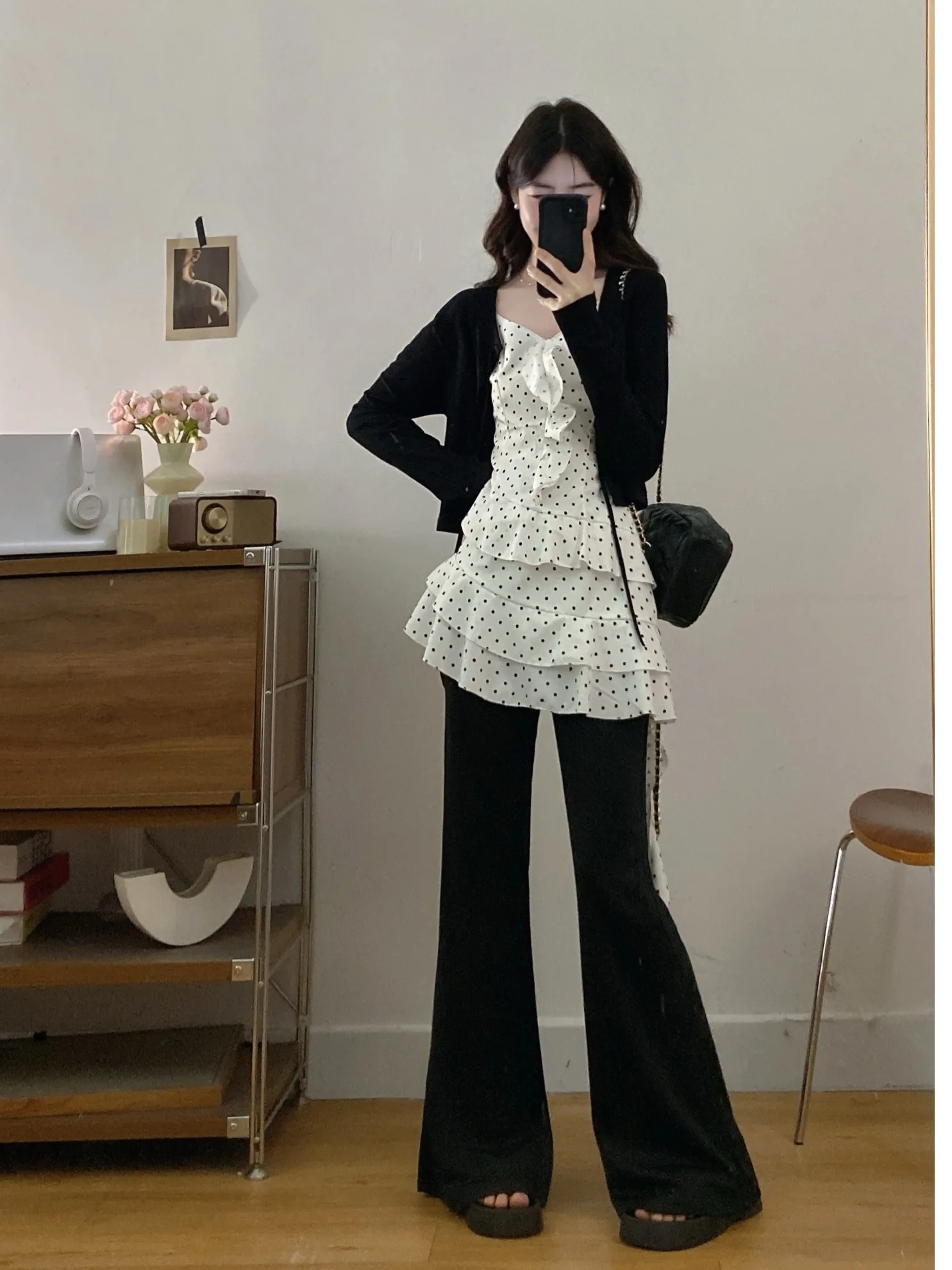 

plus Size Women's White Polka Dot Asymmetrical Strap Vest And High Waist Flared Pants Two Piece Set Summer New Style Commute ...