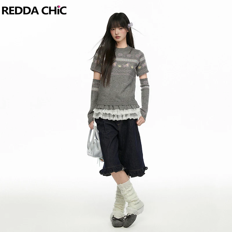 

REDDACHiC Kawaii Women's Ruffle Hem Denim Shorts Solid Wash Frilly High Rise Wide Leg Jeans Jorts Casual Korean Summer Clothes