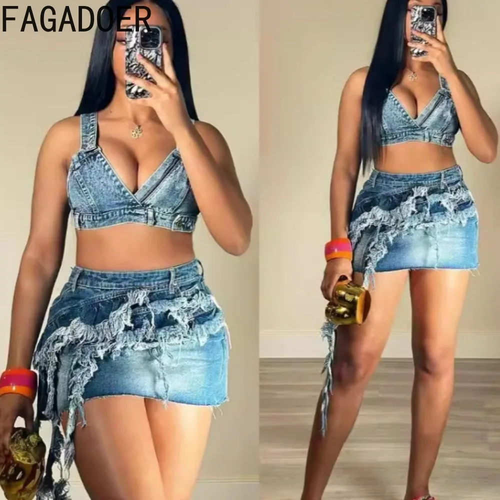 

FAGADOER Fashion Personalized Tassels Jean Mini Skirts Two Piece Sets Women Deep V Sleeveless Crop Top And Skirts Outfits 2024