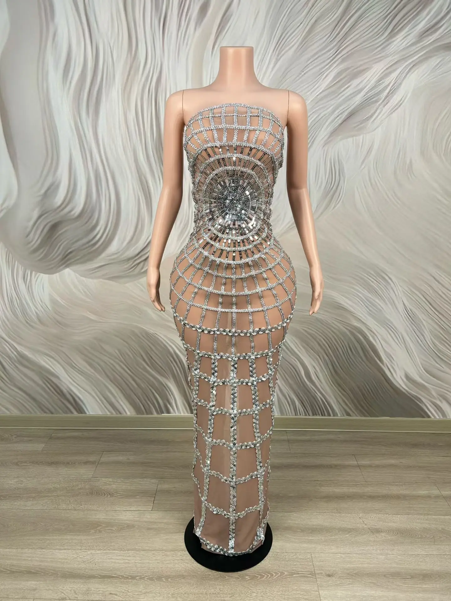 

Douquan Luxury Women Banquet Evening Gown Sexy Strapless Transparent Mesh Long Dress Party Dress for Wedding Birthday Dress