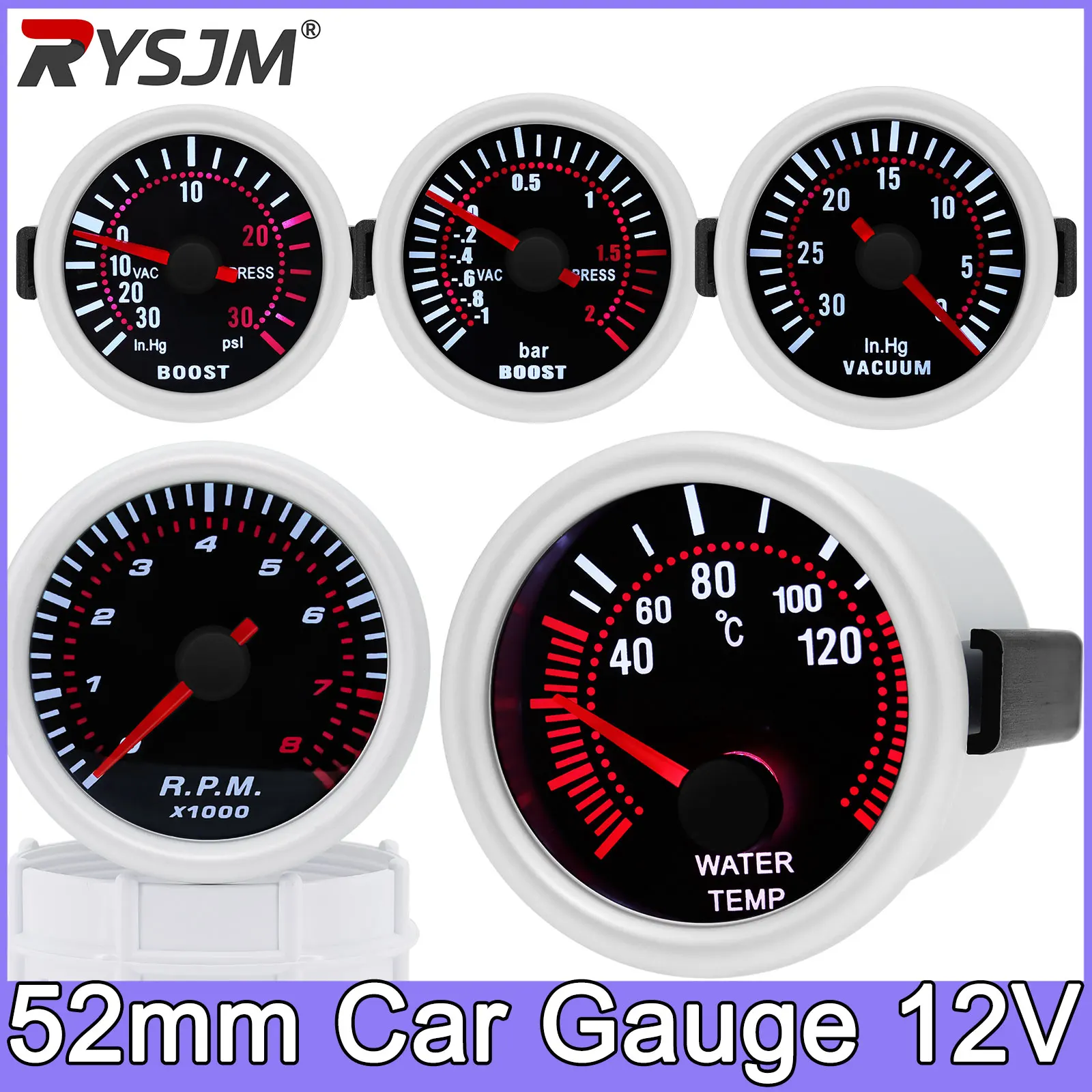 For 12V Car 52mm Universal Smoke Len Tachometer RPM Turbo Boost Gauge 2 Bar PSI Water Temp Meter Oil Pressure Gauge  Tacho