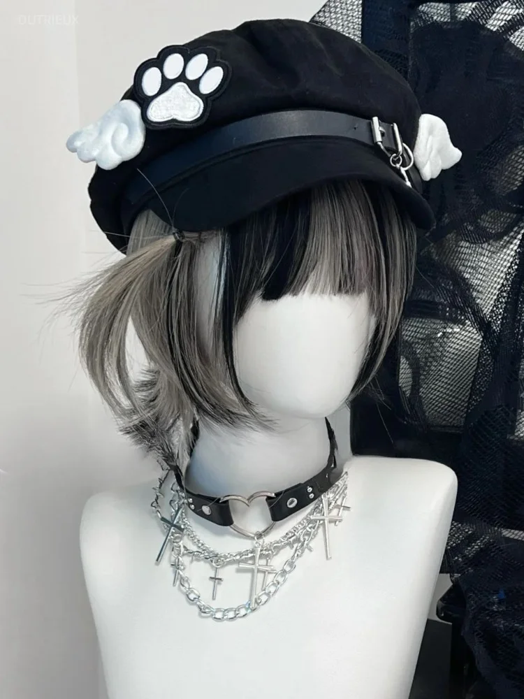 Y2K Hip-Pop Cap Hat Korean Fashion Street Style Cat's Paw Wings Patchwork Kawaii Bucket Hats Berets Hats For Women All Match