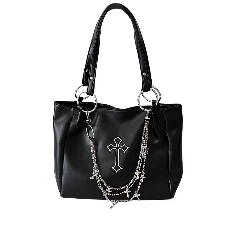 Large Capacity Women's Gothic Black Tote Bag Y2k Hot Girls Chain Shoulder Bags Fashion Pu Leather Female Travel Handbags Purse