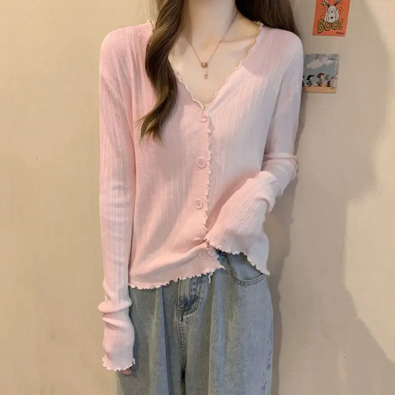 Early Autumn Fashion Versatile Slim Long Sleeve V-Neck with Wooden Ear Edge Knitted Cardigan