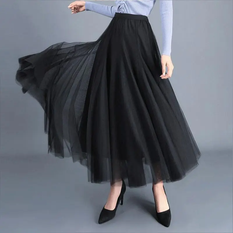 

Spring Autumn Women Mesh Skirt Long Tulle Skirt Elastic Waist Elegant High Waist Ball Gown Gauze Tutu Skirt For Woman