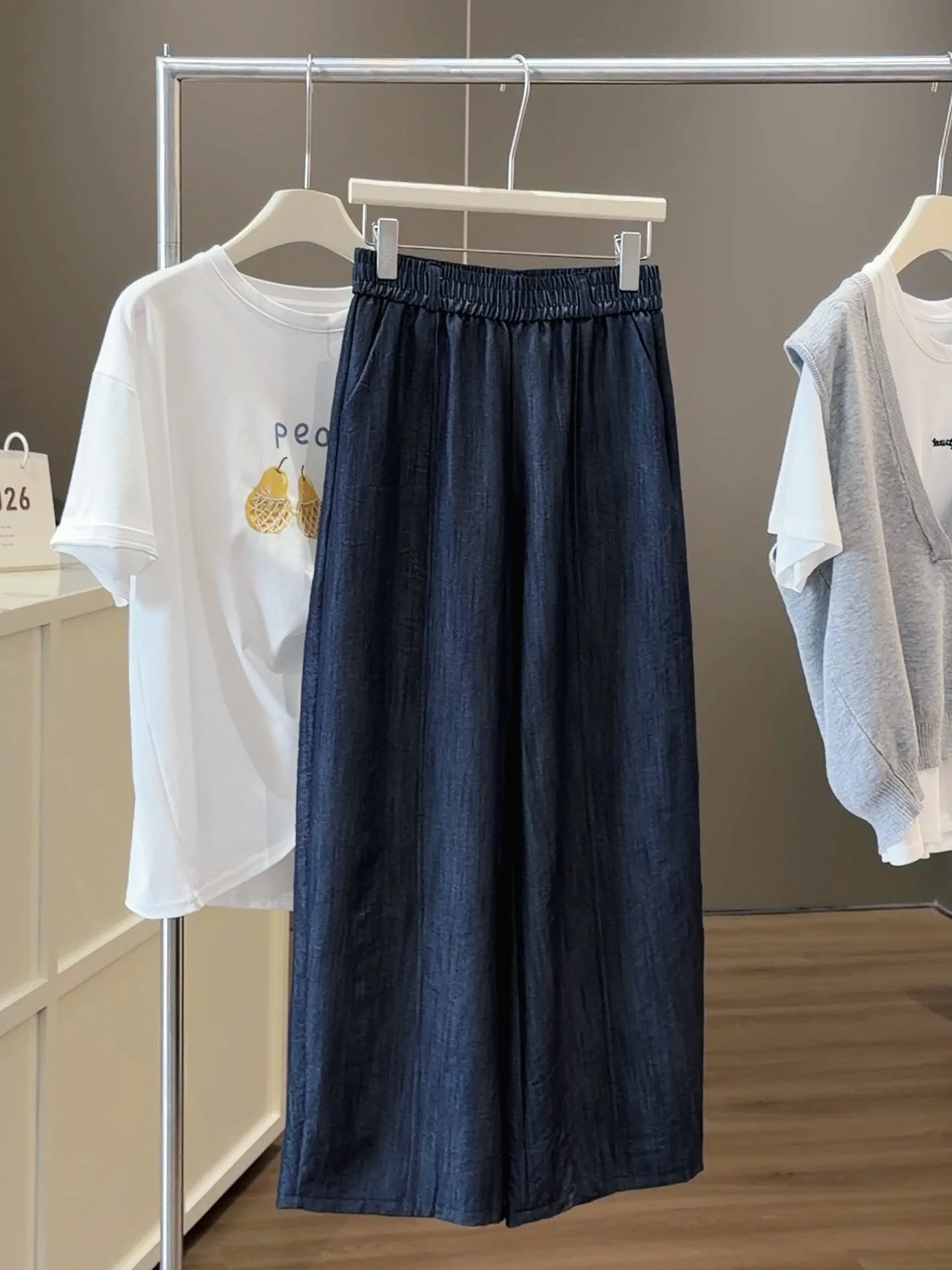 Women's Casual Loose Wide Leg Pants Elastic High Waist Denim Blue Look Trousers With Side Pockets For Daily Vacation Summer