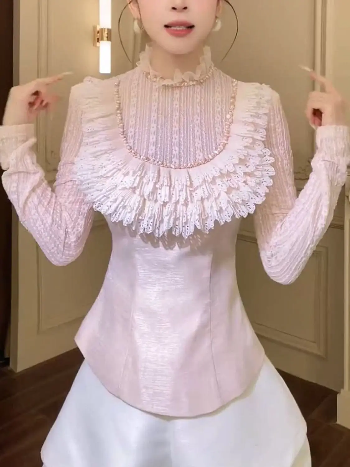 

Женская винтажная блузка с бисером во французском стиле, элегантный топ с длинными рукавами, вечерние офисные рубашки, весенне-осенняя новая модная рубашка
