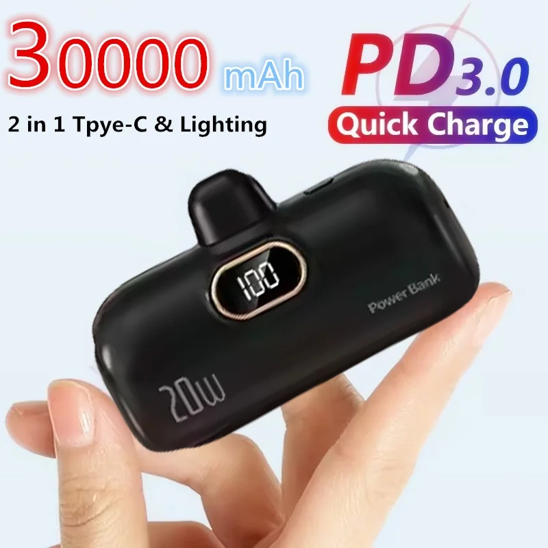 30000mAh Mini Portable Power Bank 2 In 1 Capsule Mobile Power Supply Emergency External Battery Fast Charger For Type-c IPhone