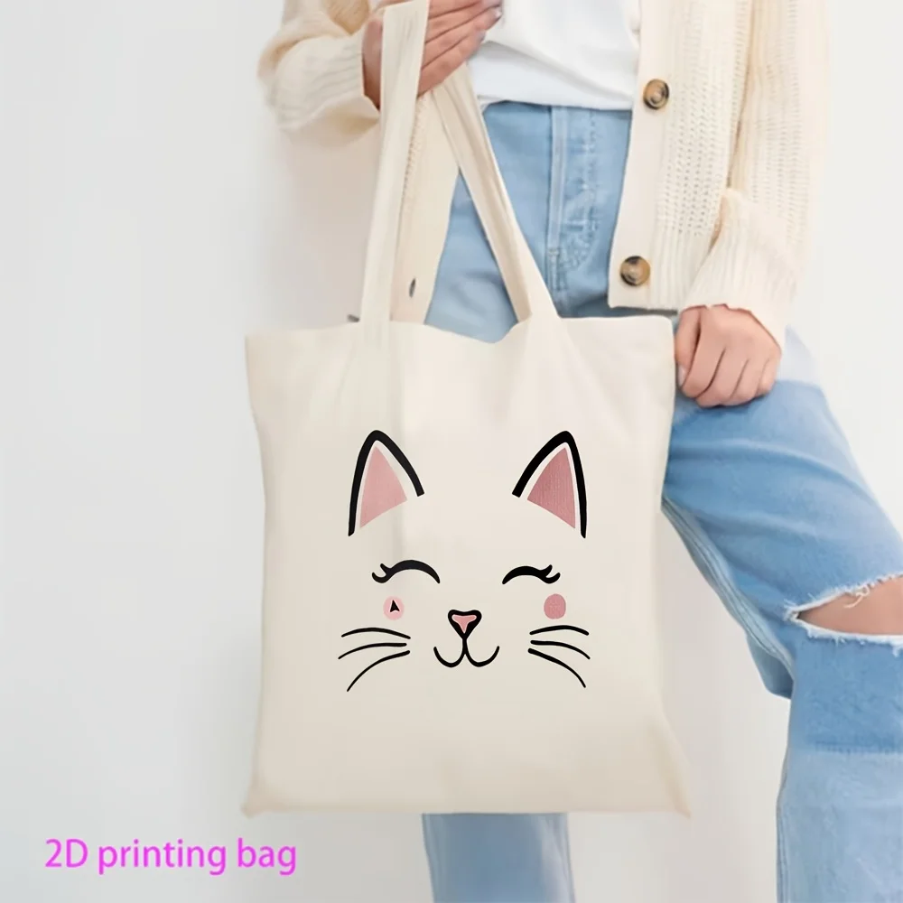 1 Simple Cat-Eye Tote Bag, Perfect for Cat Lovers, Canvas Rectangular Shopping Bag with a Delicate Cat Print, a Cute Gift for Grocery Shopping and Everyday Use - Cat-Themed