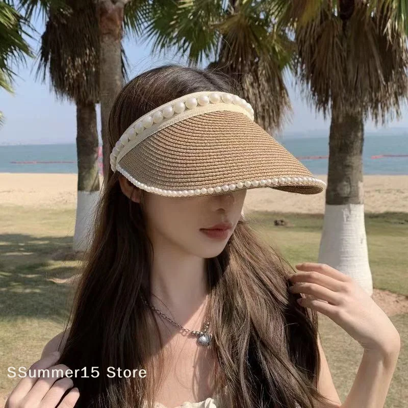 【R】Women's Summer New Fresh Beach Hat With Pearls Open Top Sun Hat Fashionable Raffia Straw Hat