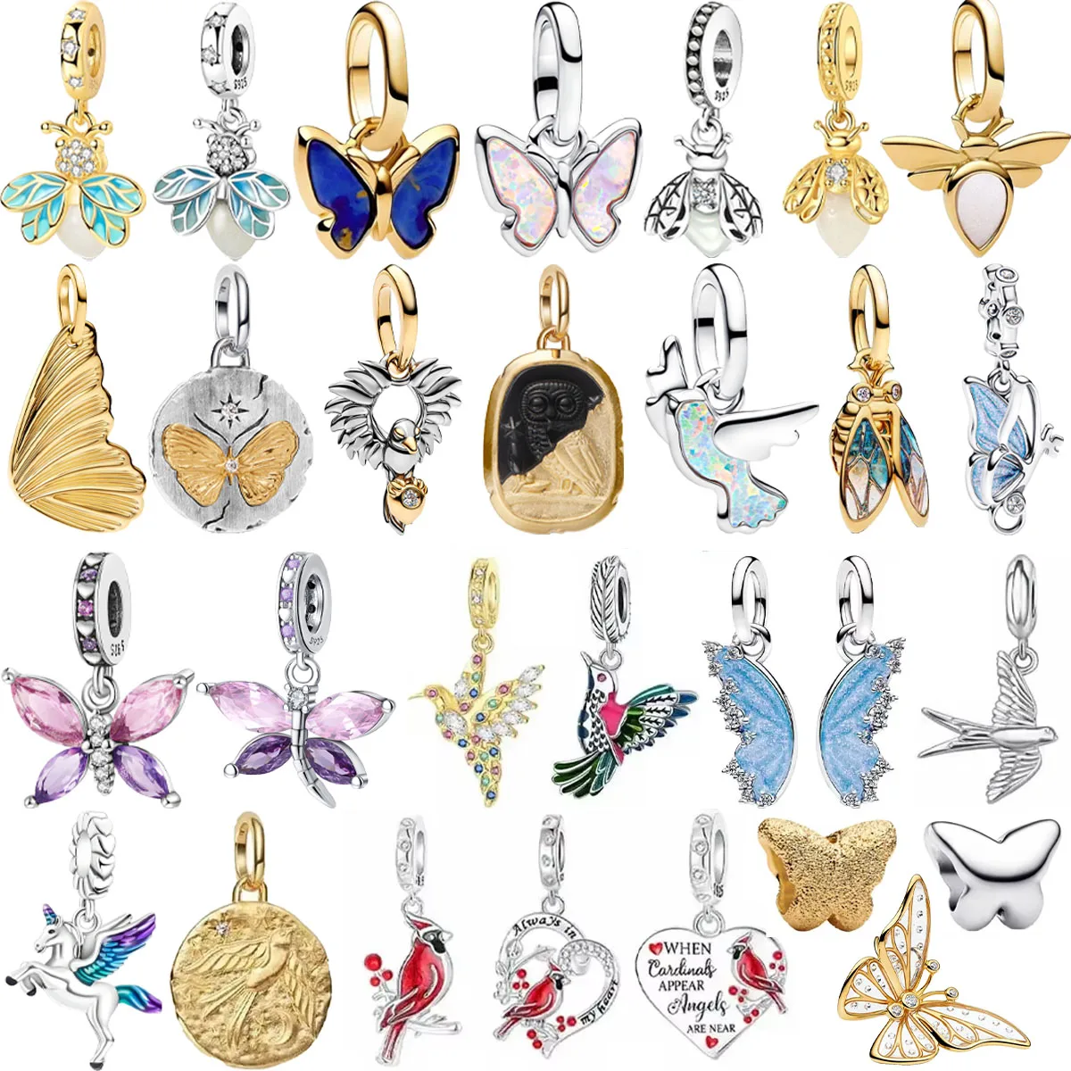 Original 925 Sterling Silver Charms Birds Hummingbirds Butterfly Firefly Beads Pendants Fit Bracelet Necklace DIY Jewelry Gift