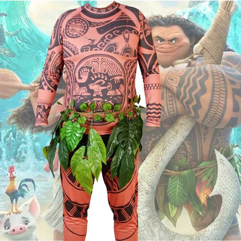 

Adults Men Cool Plus Size Halloween Costume Princess Mona Maui Cosplay Jumpsuit Costumes with Fake Leaves Decorate the Belt