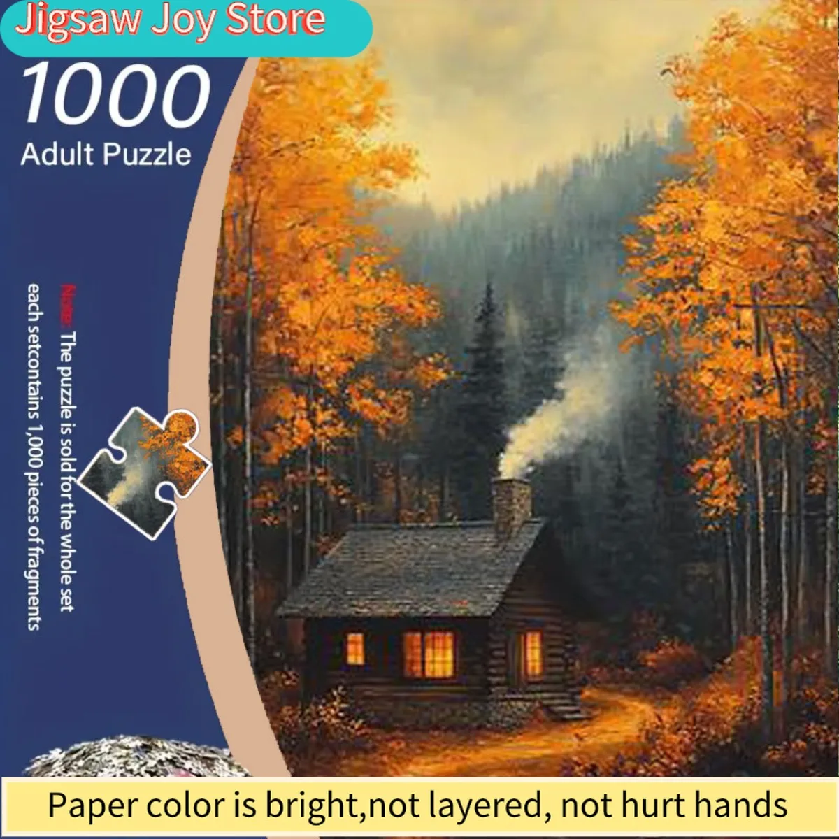 

1000pcs Adult Jigsaw Puzzle - Autumn Cabin in the Woods with Lights On & Smoke from Chimney, Orange & Yellow Leaves, Mixed Col