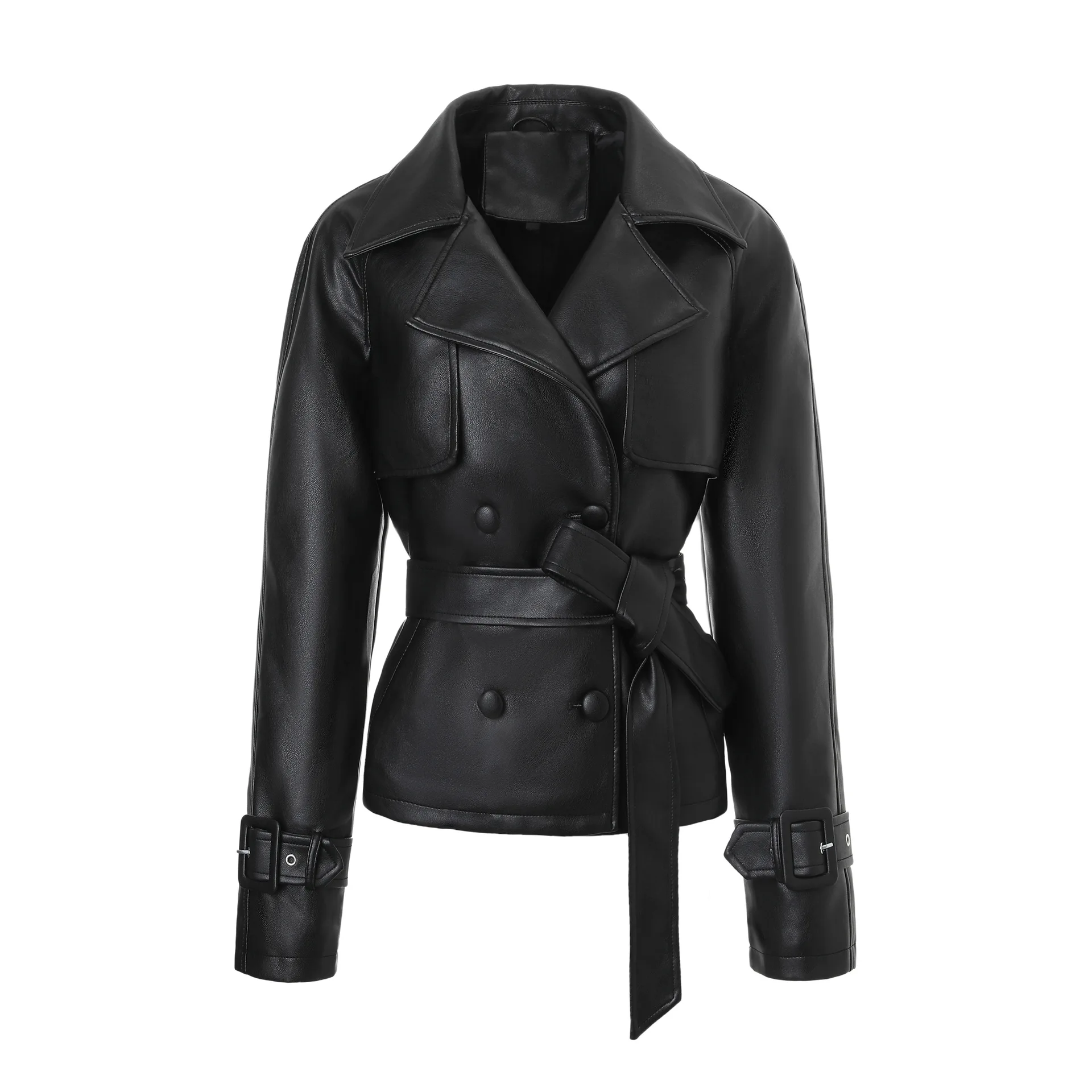 European American Style Women's PU Leather A Turn-Down Collar, Double-Breasted, Fashionable And Versatile Biker Jacket With