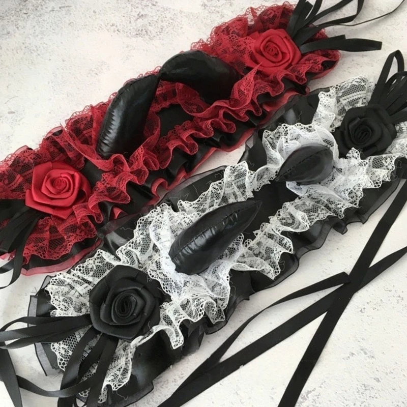 652F Devil Horn Headband Headpiece Gothic Lace Hairband Gothic Costume Accessories For Women Halloween Cosplay Music Festival