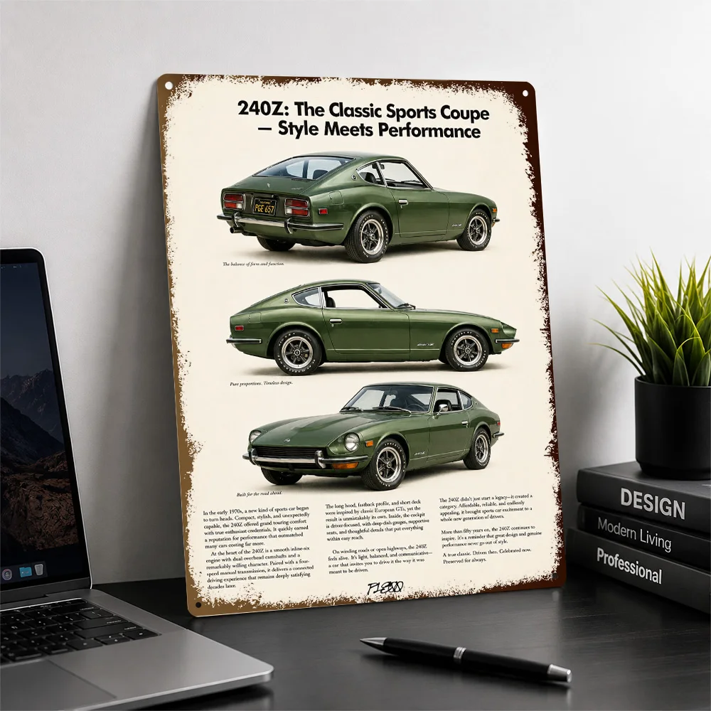 Japan 240Z Green Classic Car Printed Poster Customized Metal Sign Distinctive Machine Style Wall Art Brings Energy To Workshop