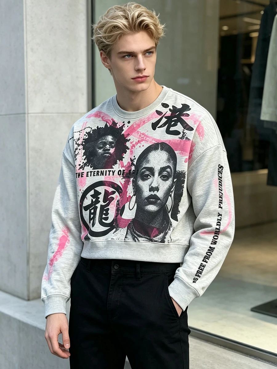 American Retro Splashed Ink Portrait Print Short Long Sleeved Sweatshirt, Hong Kong Style Dragon Shaped Street Fashion