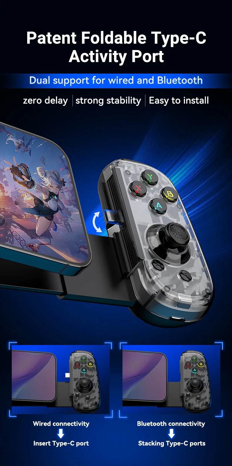 D6mini Ausziehbarer Spielcontroller mit Hall-Joystick, Kabelgebunden und Kabellos, Bluetooth, für Switch, Android, iOS, PC, Streaming – Detail 3