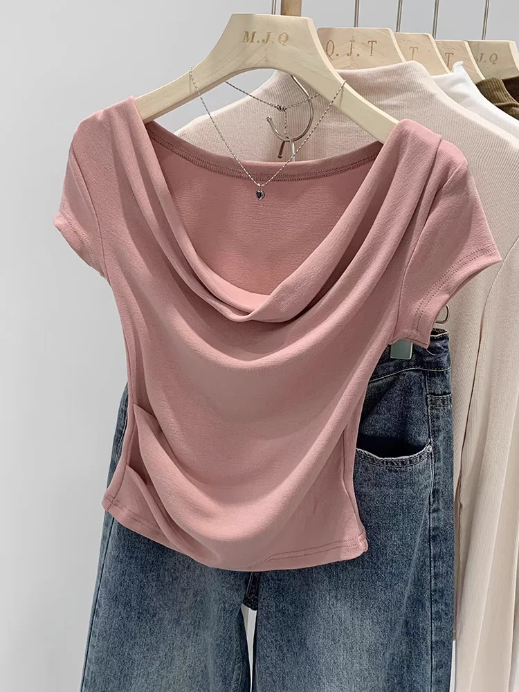 Slim Fit Short Sleeve T-Shirt Women's Summer 2025 New Style Splice Neck Design Elastic Casual Top Fashion Sensation