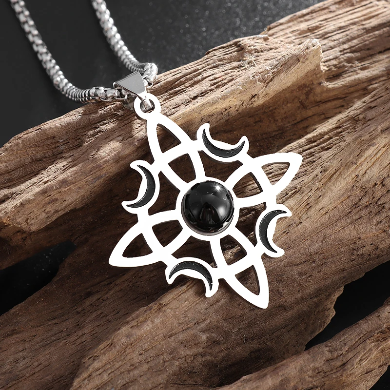 Witchcraft Witch Knot Natural Stone Moon Pendant Stainless Steel Necklace Irish Celtic Knot Lucky Jewelry for Men and Women