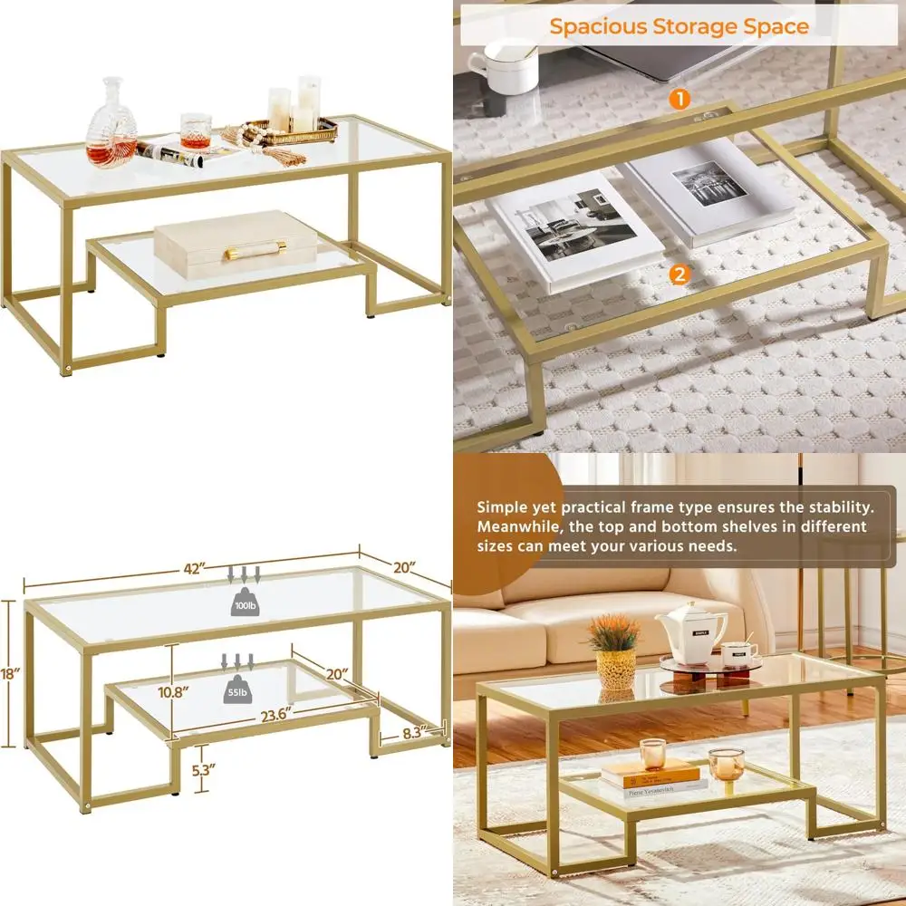 

Rectangular Glass Coffee Table, 42-inch Gold Metal Frame Living Room Center Table with Two Tiers for Small Spaces