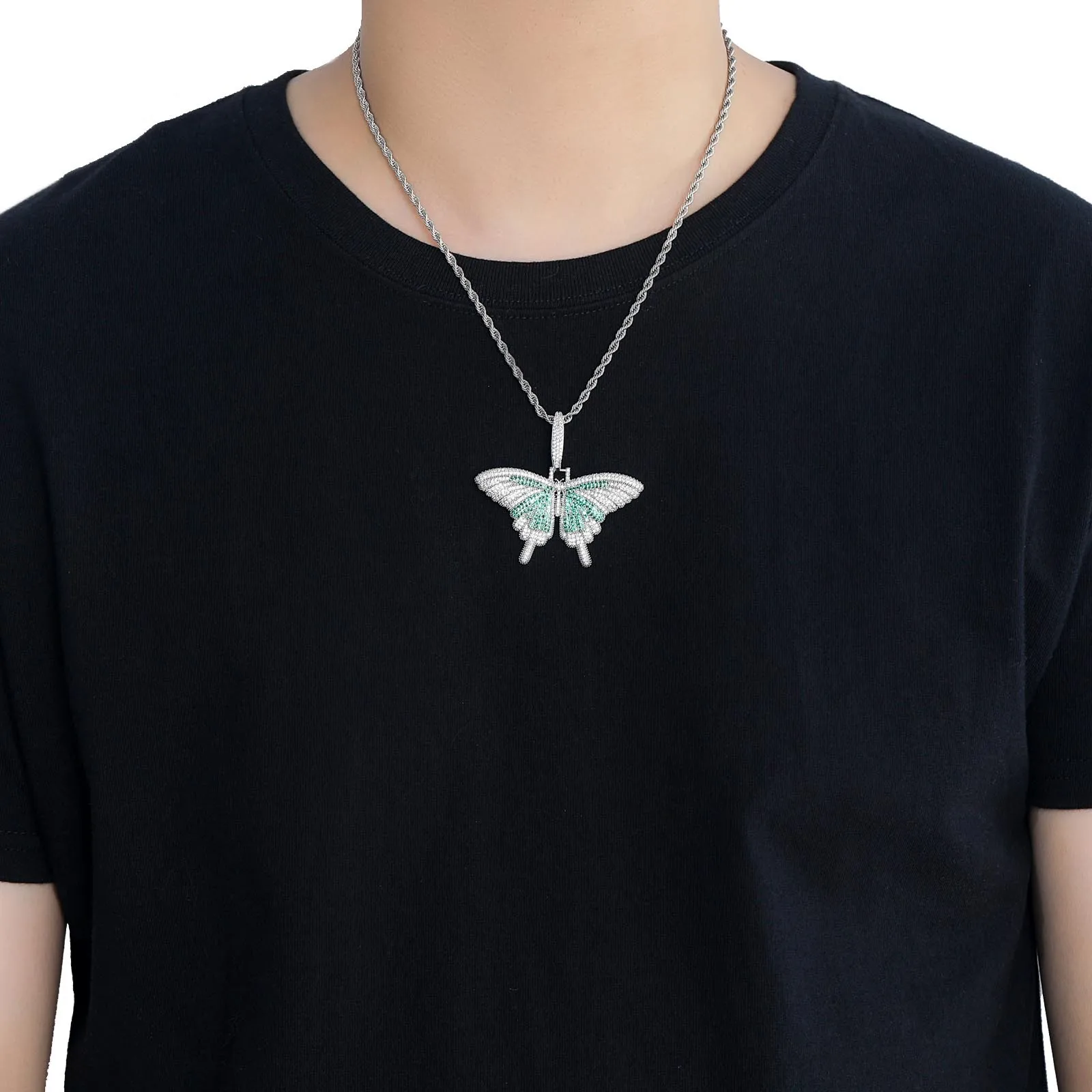 

Butterfly Pendant Necklace with Colorful Zirconia Lock Bone Chain for Couples