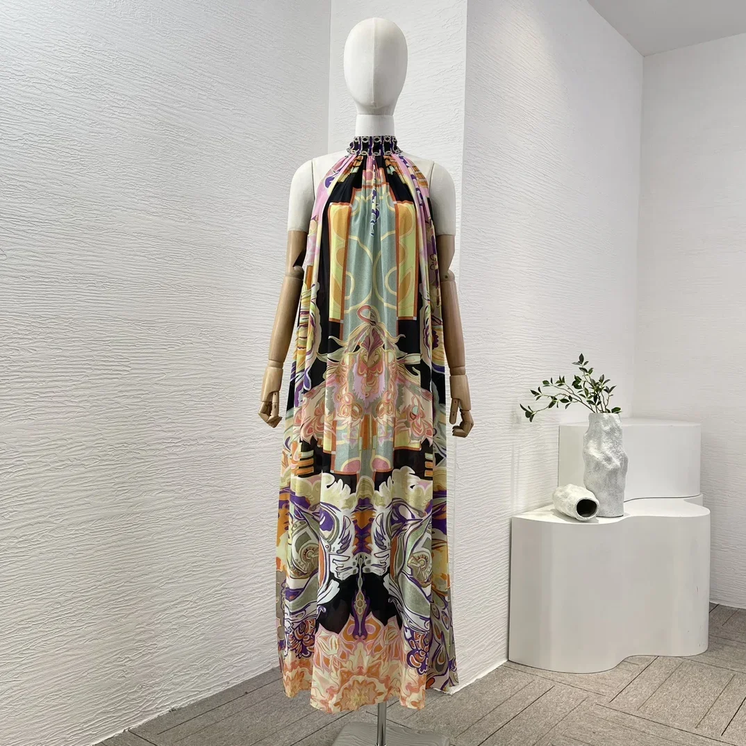 2024 Holiday Summer Beach Style New Collection Silk Multicolor Floral Printing Sleeveless Halter Women Loose Midi Dresses