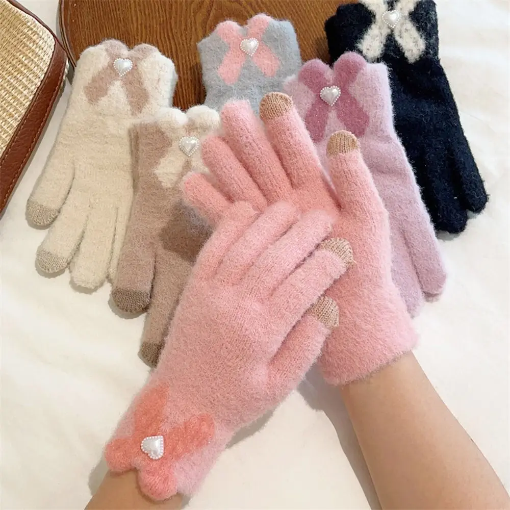 Модные зимние теплые зимние перчатки, эластичные перчатки с сенсорным экраном и полным пальцем, вязаные варежки для женщин и дам